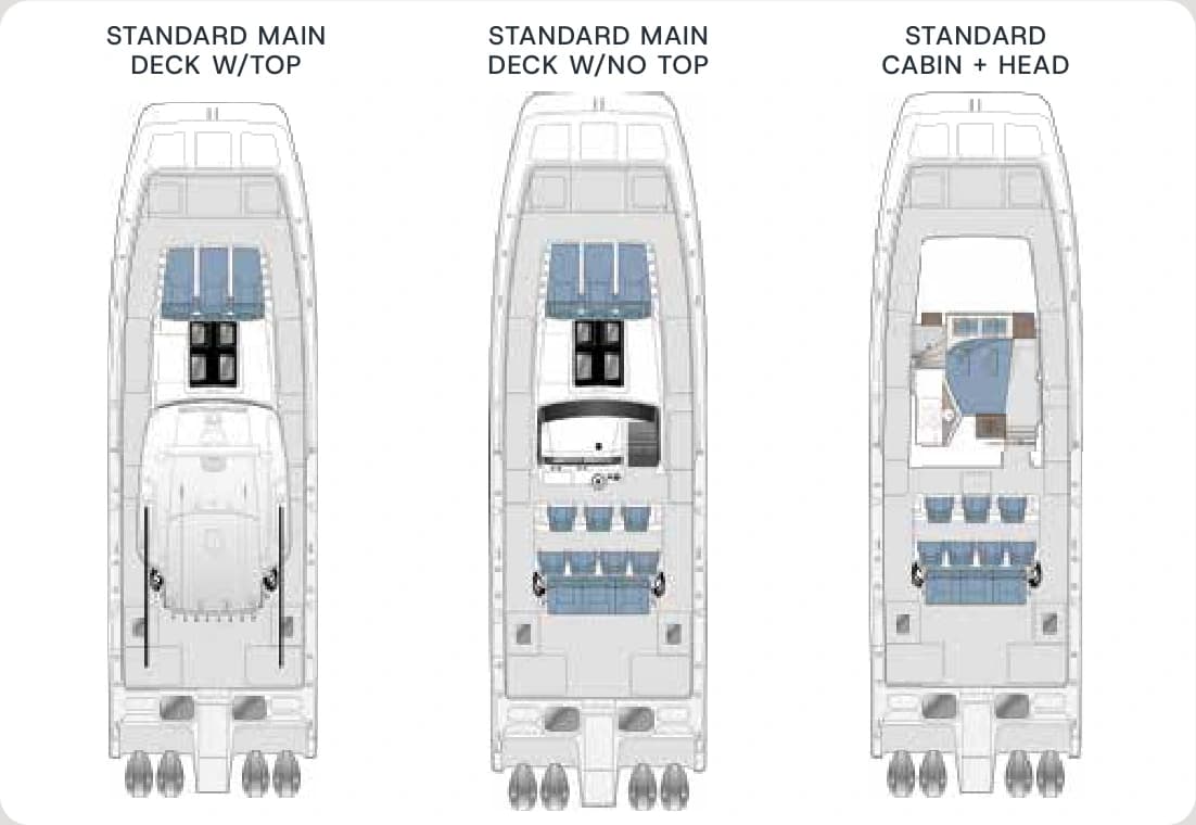 Aquila 47 Molokai standard deck and accommodation plans
