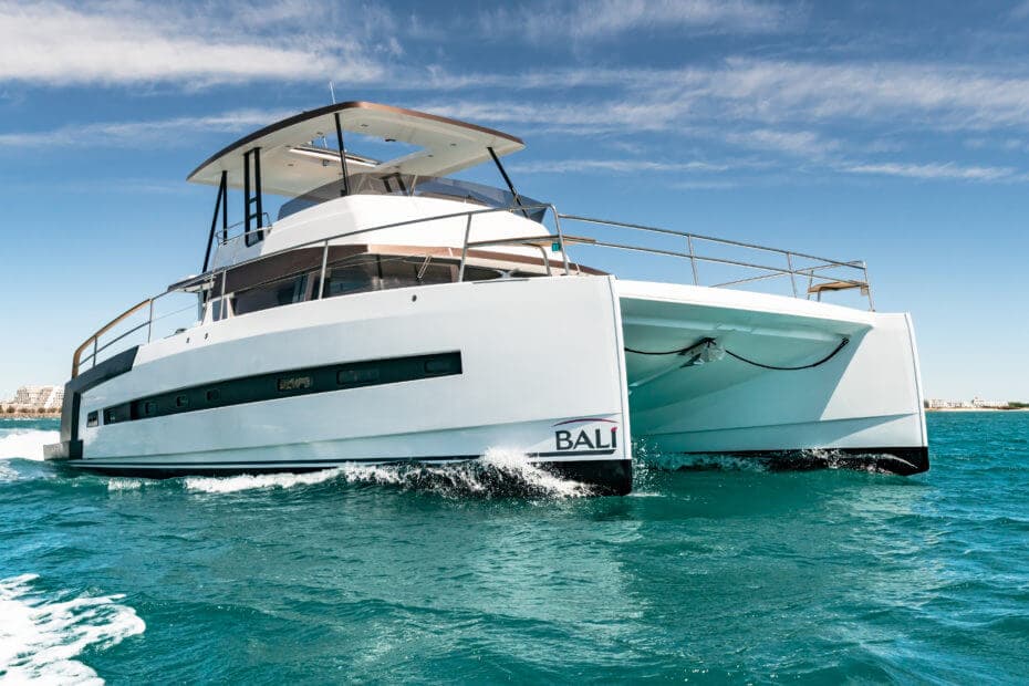 Modern power catamaran cruising in daylight