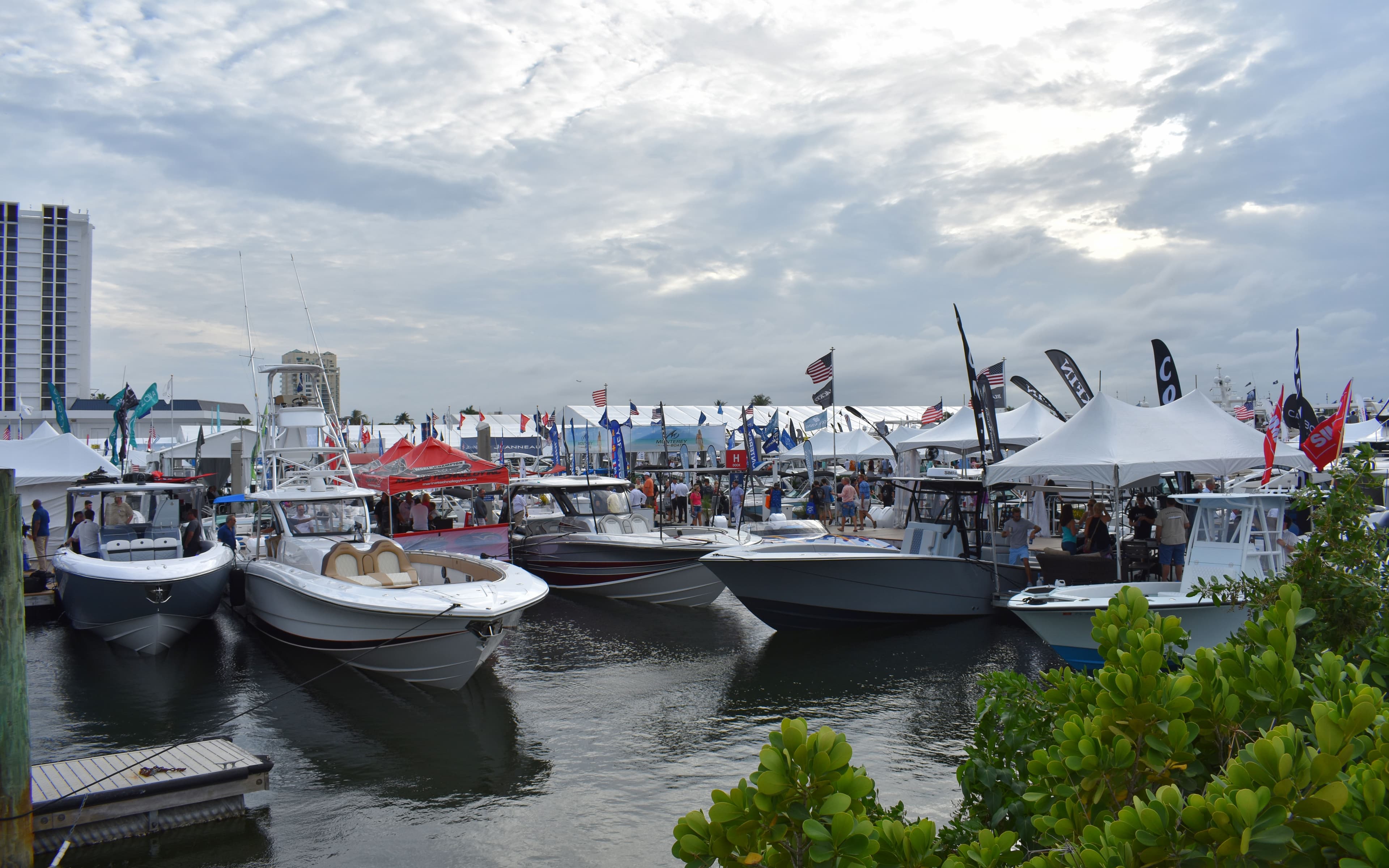 Boats and exhibition tents at the 2018 Fort Lauderdale International Boat Show