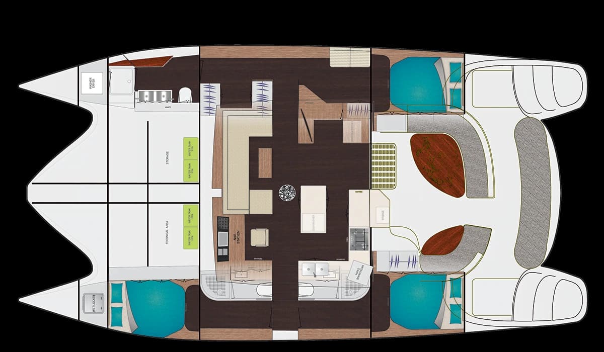 Xquisite 54 E-Plus — Three-cabin reference layout